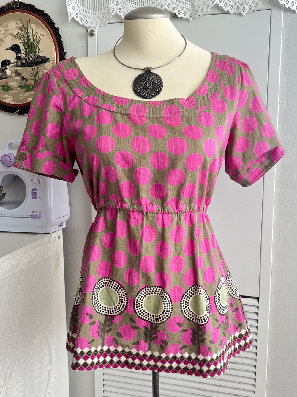 Vero Moda pink and green polka dot short sleeve tie back babydoll top